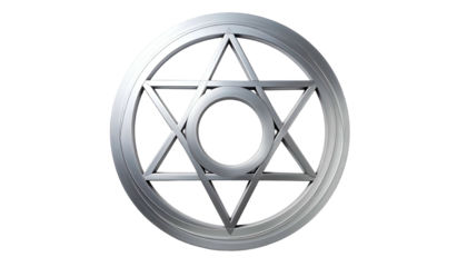 A 3D silver symbol is centered against a dark backdrop. The design showcases two overlapping triangles forming a star