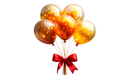 A bouquet of translucent orbs filled with glittering particles and tied with a bright red ribbon against a black backdrop