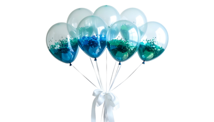 A bouquet of transparent balloons filled with colorful confetti. A white ribbon ties the stems. The background is black