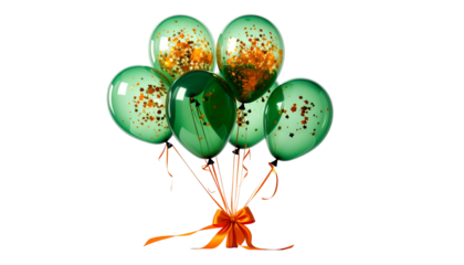 A bouquet of transparent green balloons with golden confetti, tied together with orange ribbons and bow, against a black background