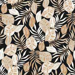 Seamless Beige and Cream Tropical Leaf Pattern on Dark Background