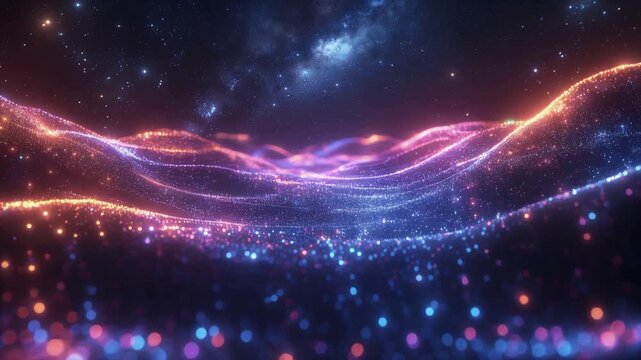 Abstract Particle Waves Flowing in Dynamic Neon Colors Against Starry Sky