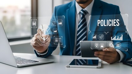 Businessman reviewing company policies on a laptop and smartphone