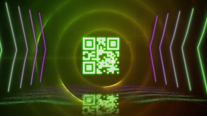 Animation of circles, neon lines and qr code on yellow and green background - Powered by Adobe
