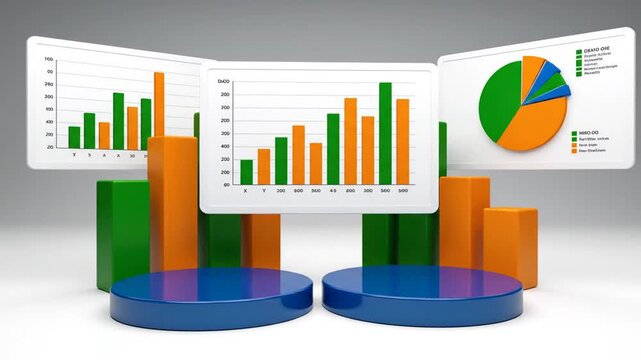 3D rendered infographics display with bar charts and pie chart on circular platforms