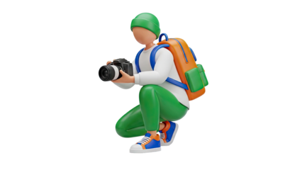 3D Cartoon Photographer Character with Camera and Backpack