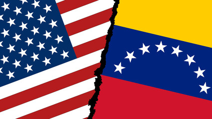  U.S.A. and Venezuela flags separated by a black crack