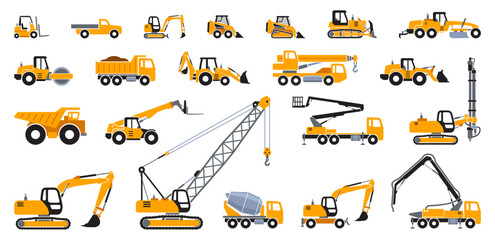 simple large yellow construction vehicle symbol simplified side view vector set on transparent background
