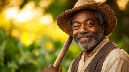 African farmer smiling while holding hoe in vegetable field