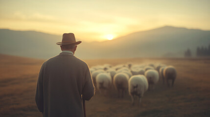 Shepherd guiding sheep with staff in misty pasture