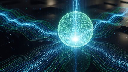 Futuristic Digital Sphere Emitting Glowing Energy Waves Visualization.