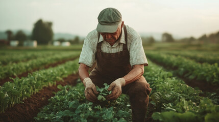 Elderly farmer inspecting crops in a green agricultural field