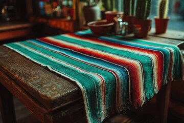 A Mexican Serape on a table.
