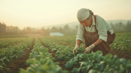 Elderly farmer inspecting crops in a green agricultural field