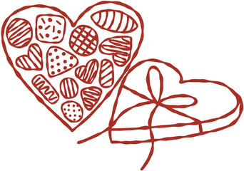 Chocolates in Heart Box Hand Drawn Line Art Vector Illustration
