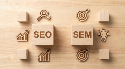 Wooden cubes labeled 'SEO' and 'SEM' on table, representing search optimization, marketing strategy, analytics, growth, performance