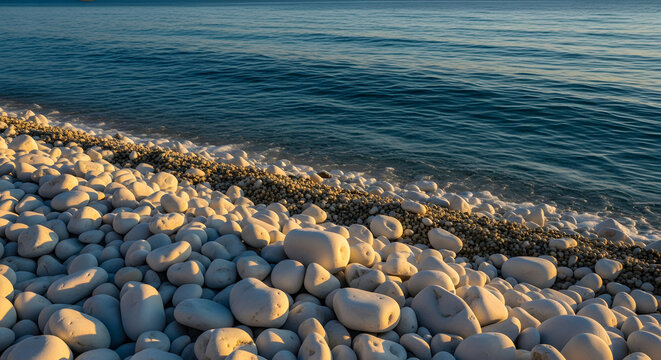 Close-up view of white marble pebbles on a beach meeting the dee