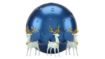 White Reindeer with Gold Antlers Pulling a Blue Moon Ornament