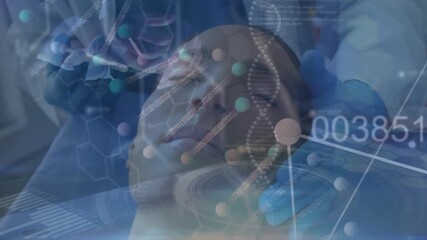 Animation of dna strand and data processing over male doctor - Powered by Adobe