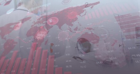 Animation of covid cells flying over world map - Powered by Adobe