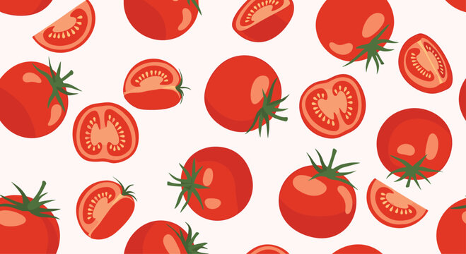 Vibrant tomato seamless pattern presents a mix of whole red vegetables and sliced halves with seeds on a light and clean background.