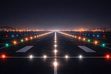 Obraz premium Urban runway perspective illuminated by colorful lights extending into the horizon under a clear night sky creating a sense of anticipation and exploration