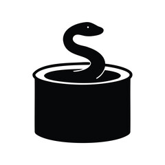 Black and white illustration of a snake emerging from a can