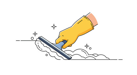 Person wearing a yellow rubber glove uses a window squeegee to wipe away soap foam on a clean surface during household cleaning chores.