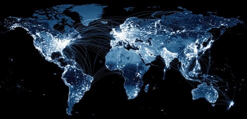 Global network map.  World map with highlighted city lights and interconnected lines representing global trade or communication