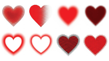 A collection of eight different red heart icons displayed in two rows. The styles include halftone patterns, dissolving effects, smooth gradients, and glowing outlines on a white background.
