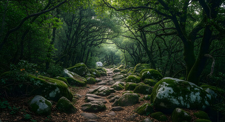 Obraz premium Rocky Path Covered in Moss Leading Through Dense Green Forest Ca