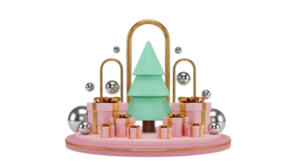 3D Render of Christmas Tree with Gifts and Ornaments on a Pink Stage