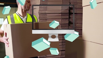 Animation of books falling over caucasian male warehouse worker
