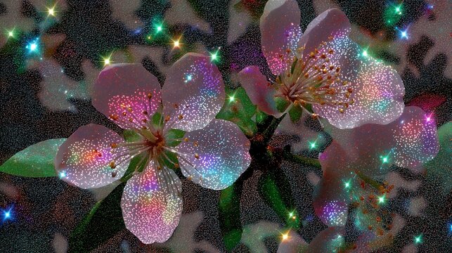 A colorful floral postcard design featuring sparkles and a digital glow, reminiscent of early computer art from the 1990s.