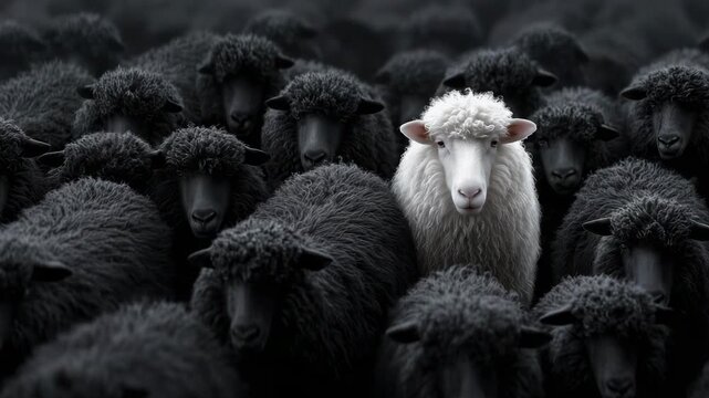 A lone white sheep stands calmly among a flock of black sheep in a green meadow, symbolizing individuality, contrast, and the courage to be different