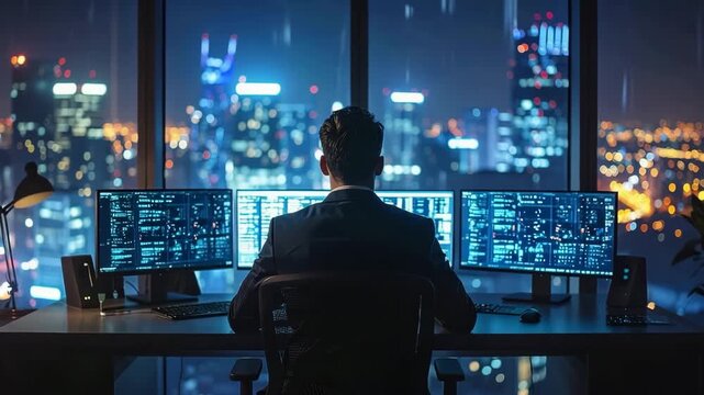 Man working on computers in a modern office overlooking the city at night.