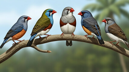 Beautiful Darwin's Finches with Different Beak Shapes on Branch - Darwin's Day Natural Selection Evolution Concept