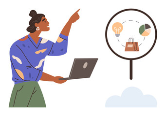 Digital marketing, e-commerce, data analysis, idea generation, product search, consumer trends. Person holding a laptop and pointing at a magnifying glass showing graphs, bulbs, and shopping bag