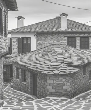 Traditional Greek Stone Houses and Slate Roofs in Thassos Villag