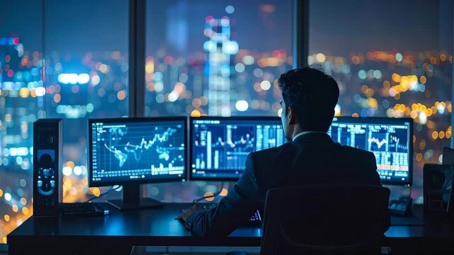 Businessman working on computers in a modern office at night, overlooking city lights.