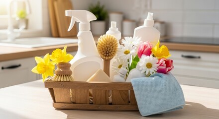 Spring cleaning kitchen tools and floral arrangement for home organization decor