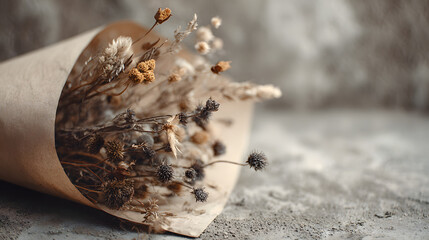 Wilted flower bouquet wrapped in kraft paper symbolizing broken romance, lost love, fading emotions and post-Valentine sadness