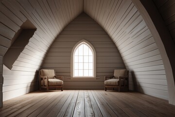 A nice attic with a wooden ceiling. There is a big window with an arch. The walls are made of shiplap. The floor is wooden. The colors are neutral. There are two chairs.