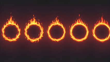 Row of glowing fire rings with flickering orange flames on dark background, forming dynamic circular frames symbolizing heat, energy, power, magic, and dramatic visual effects.
