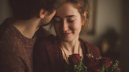 Loving couple hugging in warm atmosphere as woman holds red roses, symbolizing Valentine&rsquo;s Day, romance, affection and heartfelt connection