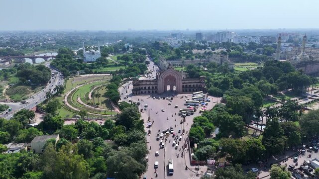 Aerial view of Rumi Darwaza, the iconic historic gateway in Lucknow, India
