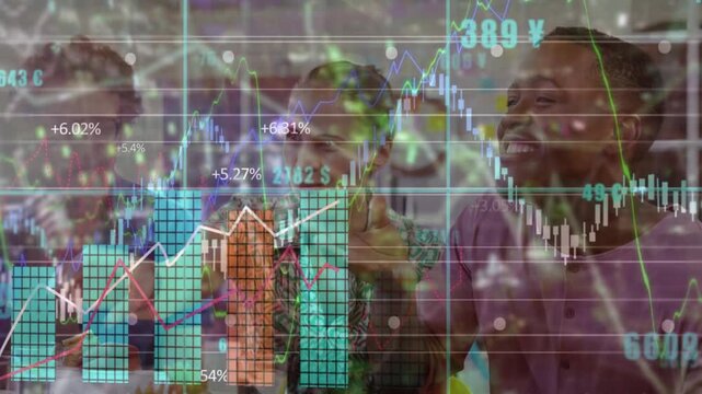Animation of digital graphs over multiracial colleagues talking during breaktime in modern office
