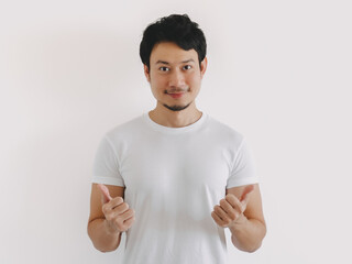 Asian man looking forward with slight smile and hands near chest in white shirt and clean background