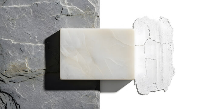 White onyx slab placed on dark gray slate next to cracked plaste