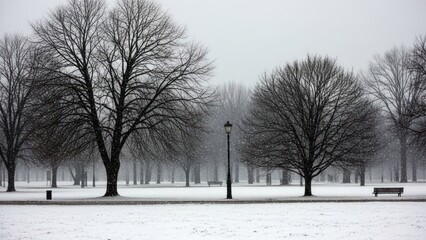 Serene Snow Covered Park with Bare Trees.